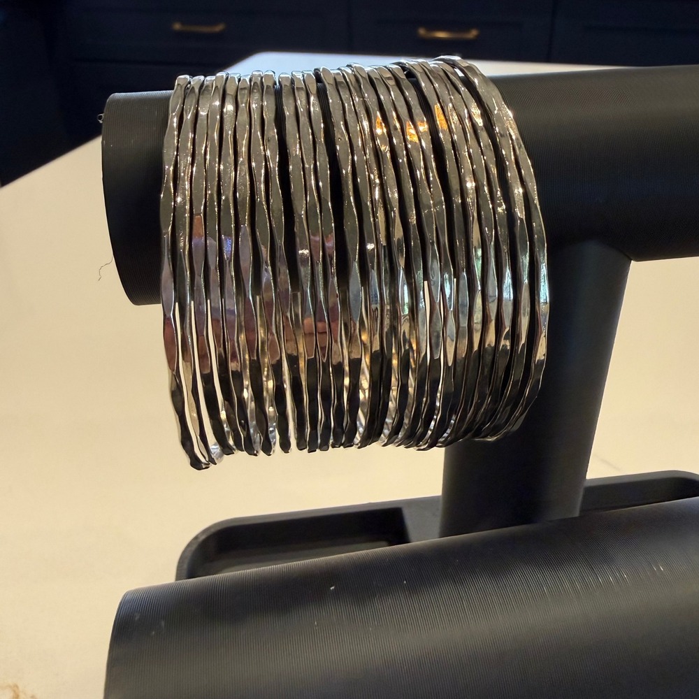 Boho Statement Silver Tone Hammered Multi Wire Wide Cuff Bracelet